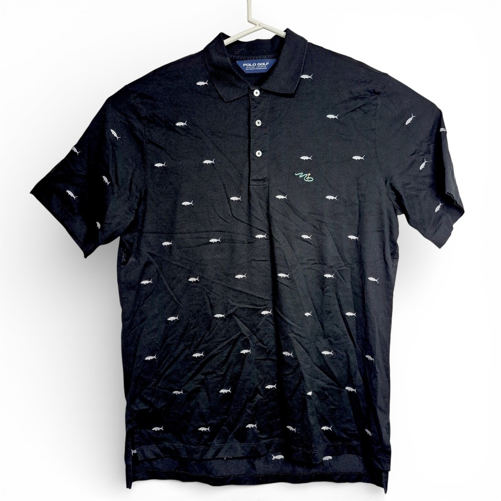 Polo Golf Ralph Lauren Mens Large Black Pima Cotton Fish Print Polo Shirt